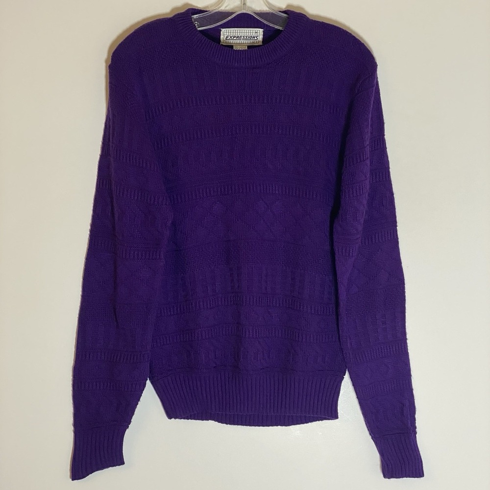 Expressions Sweater Womens Medium Purple Cable Knit Crewneck Long Sleeve Vintage